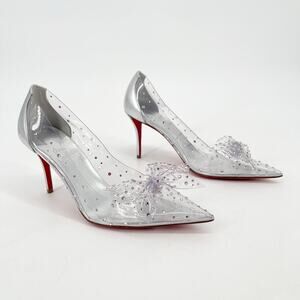 Christian Louboutin Jelly Strass 80 Silver Crystal Bow PVC Pointed Toe Pumps 37
